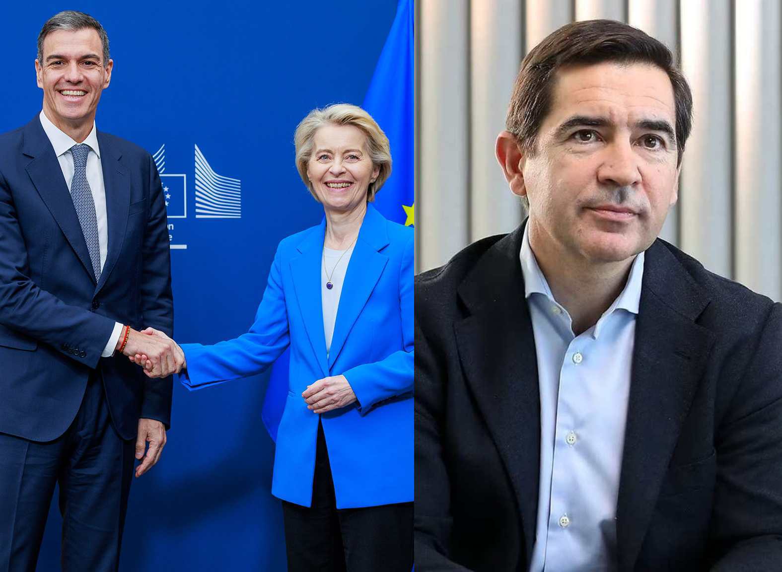 Pedro Sánchez y Ursula Von der Leyen se reunieron el miércoles 28 en Bruselas: las sonrisas no reflejan la seriedad del encuentro, en el que la presidenta de la CE le prohibió a Sánchez vetar la opa del BBVA sobre el Sabadell